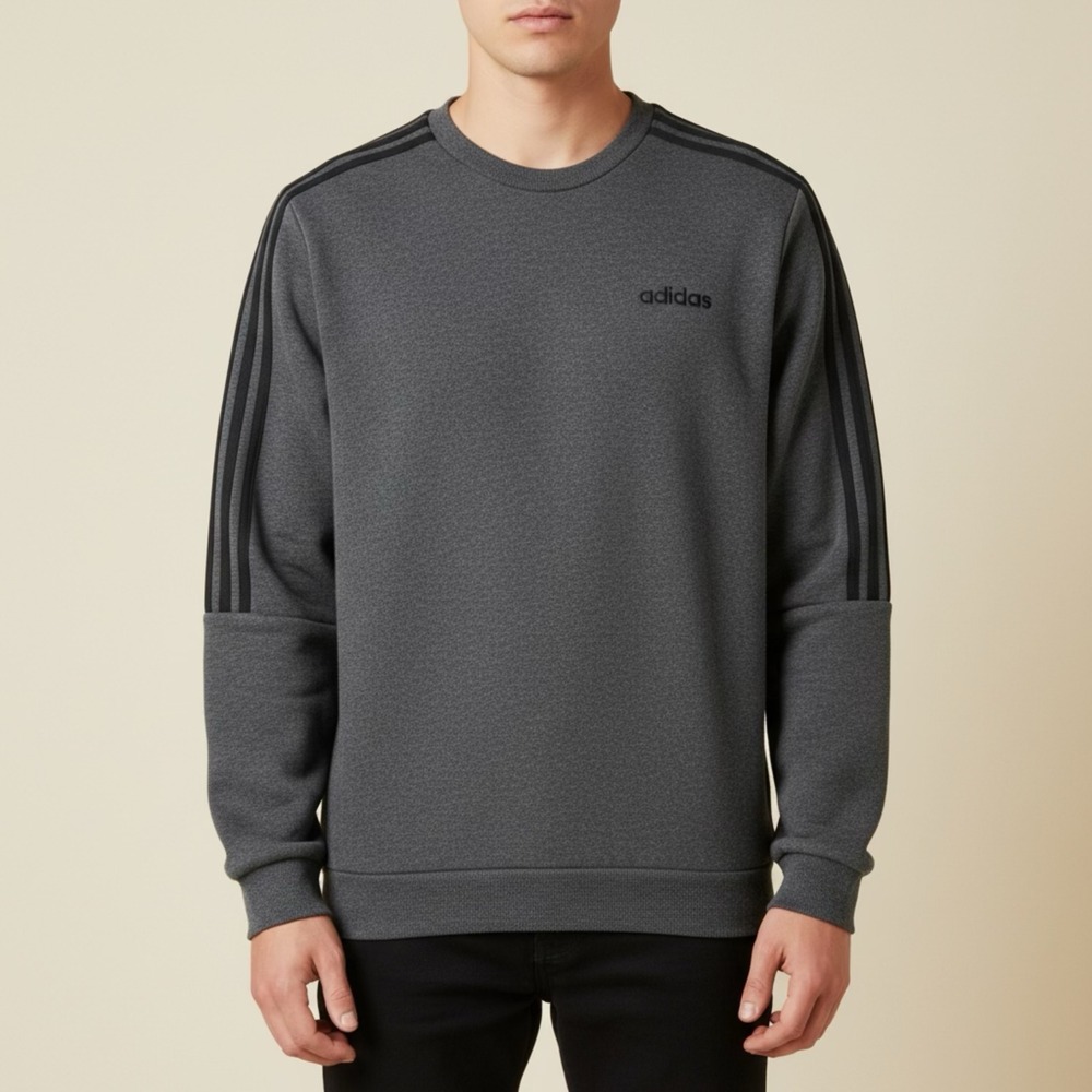 Adidas Men's Essentials‎ 3-Stripes Sleeves Sweatshirt Charcoal Grey Crewneck